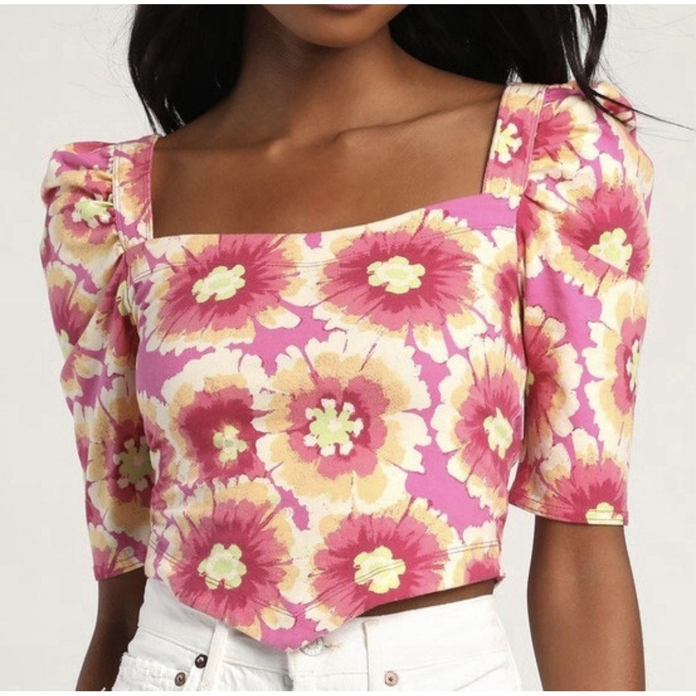 Free People Give Me More Retro Pink Floral Puff Sleeve Crisscross Back‎ Top S